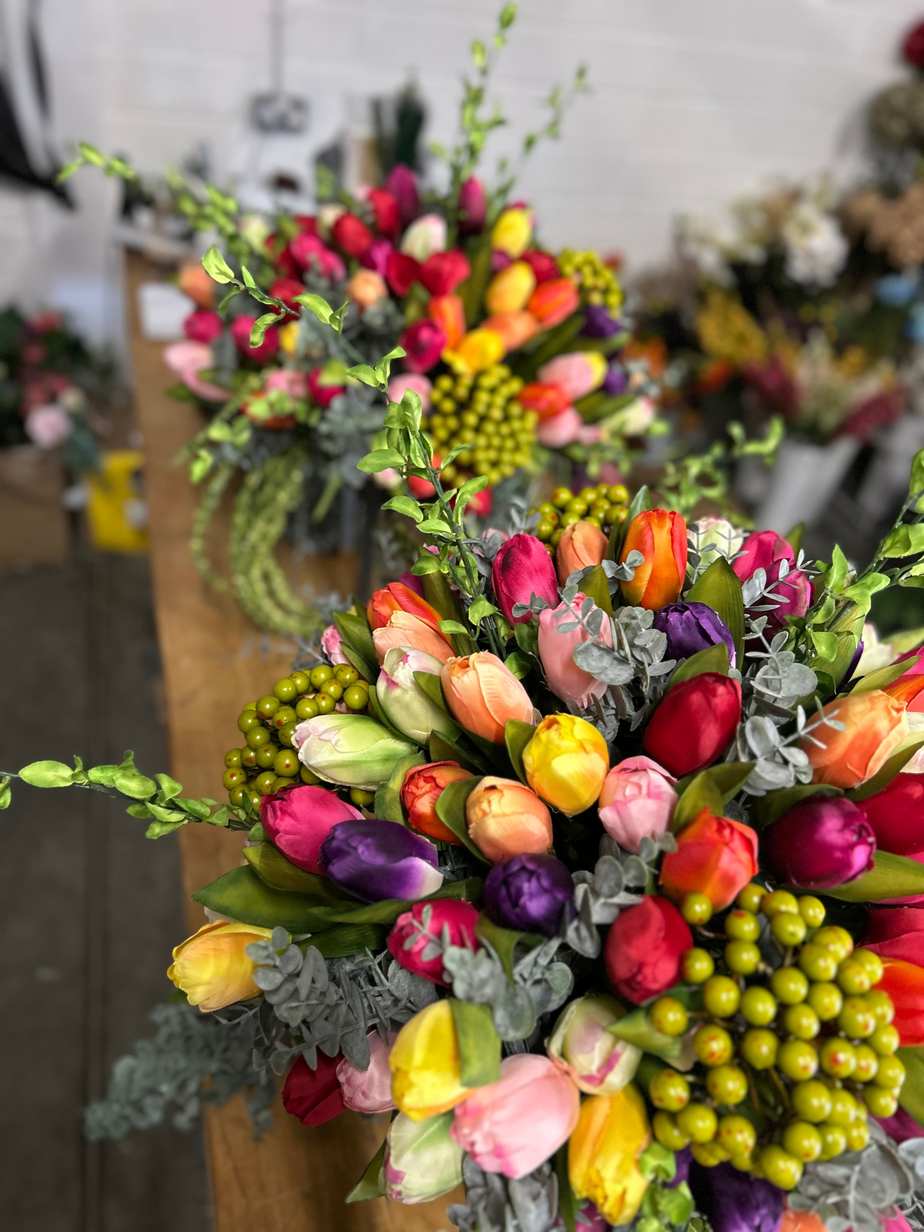 Bespoke faux multicoloured tulip and berry 10” hanging basket