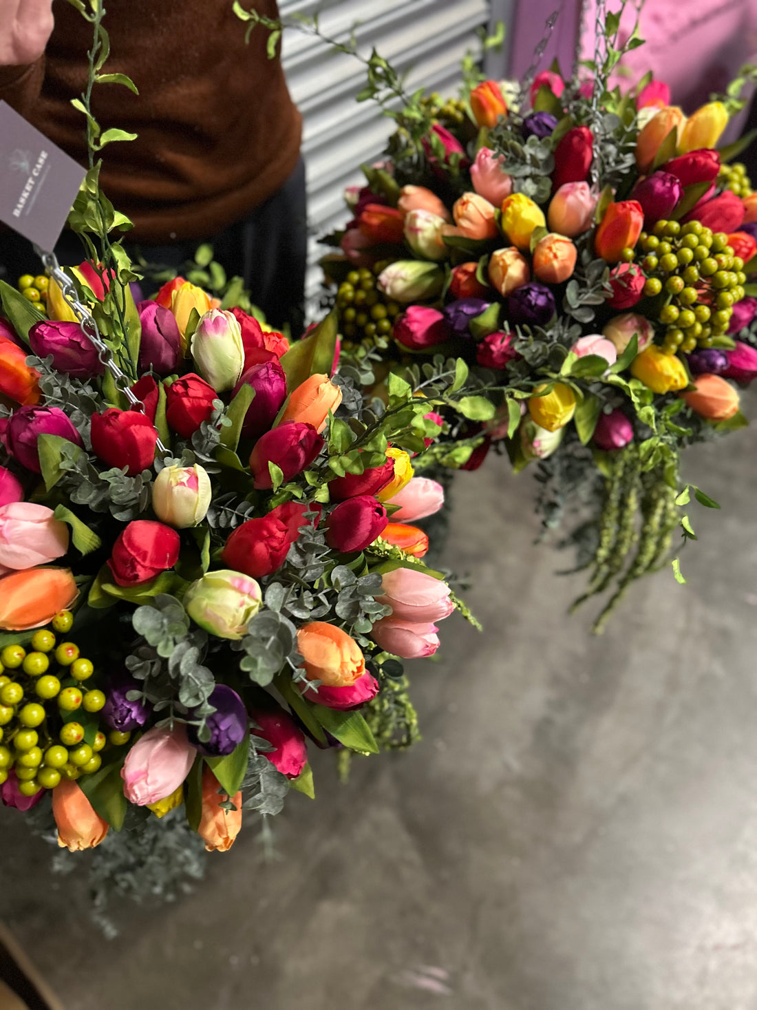 Bespoke faux multicoloured tulip and berry 10” hanging basket