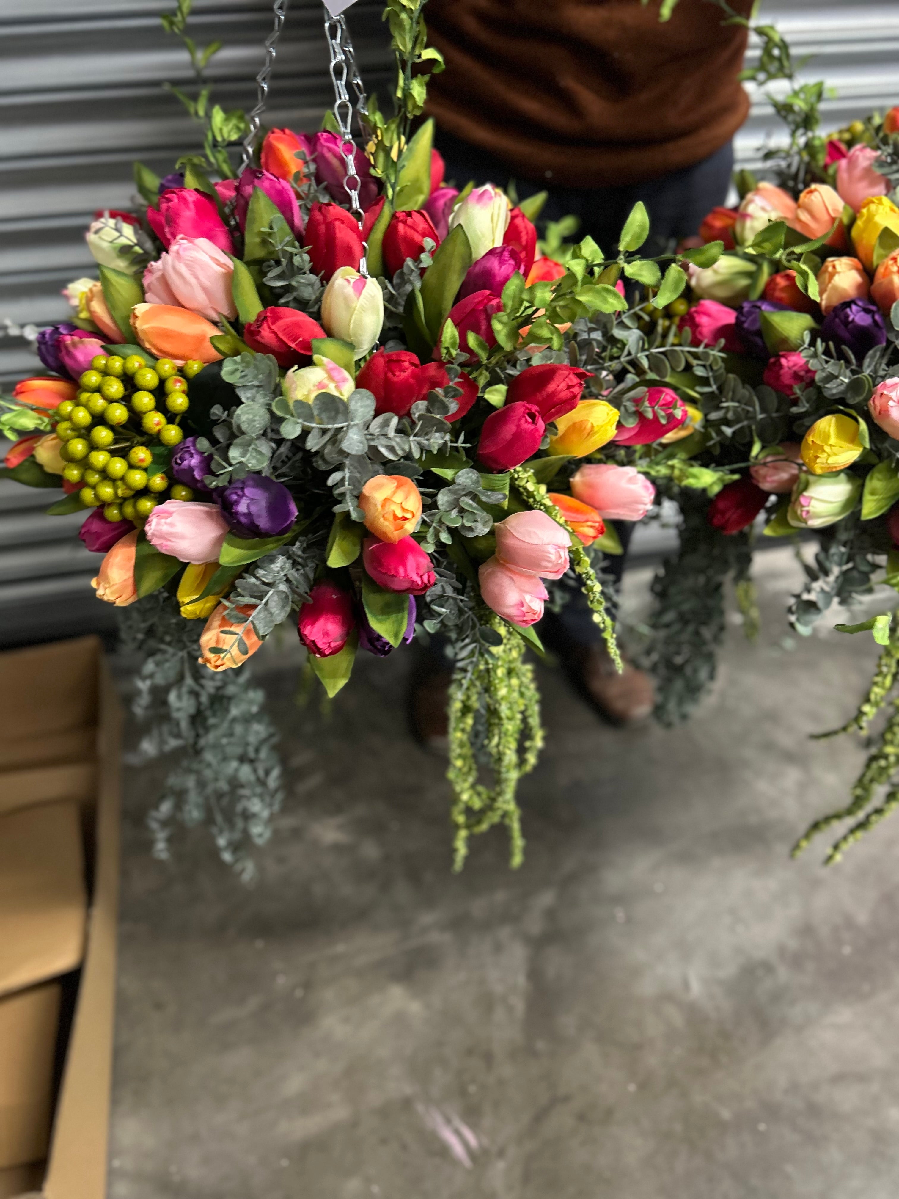 Bespoke faux multicoloured tulip and berry 10” hanging basket