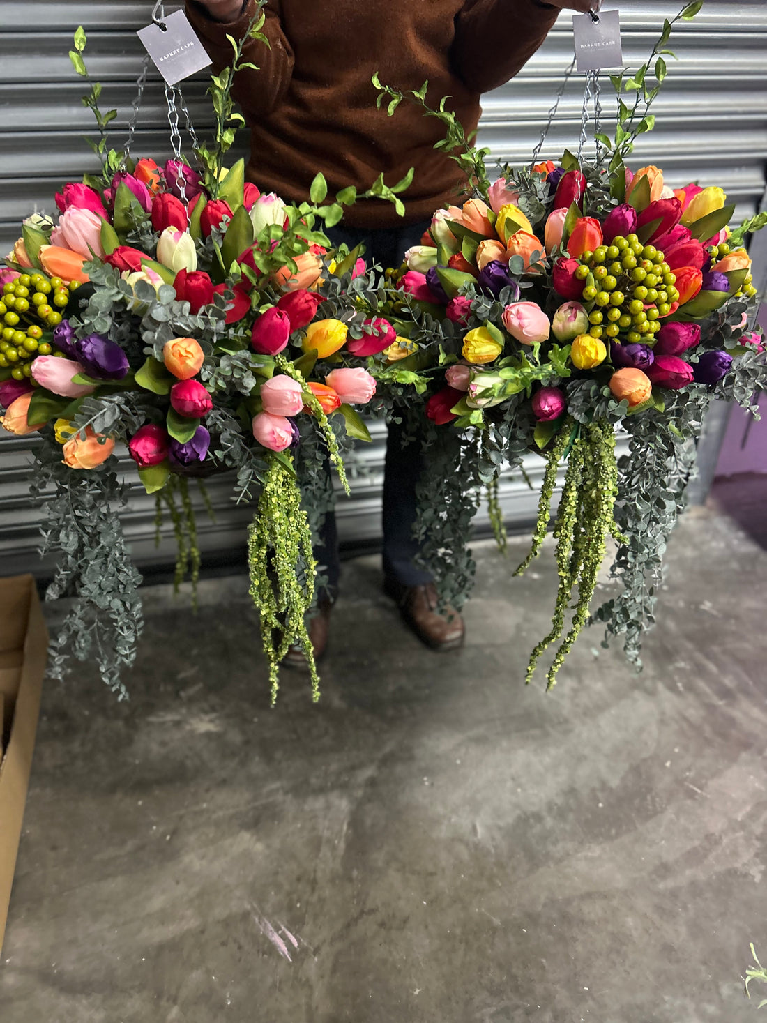Bespoke faux multicoloured tulip and berry 10” hanging basket